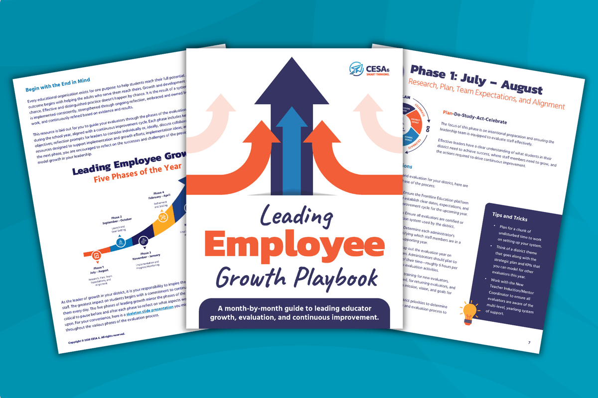 A booklet titled 'Leading Employee Growth Playbook' with three overlapping printed pages shown on a teal background. The cover features large orange and blue arrows rising upward, and the pages contain text and charts related to employee growth and development.