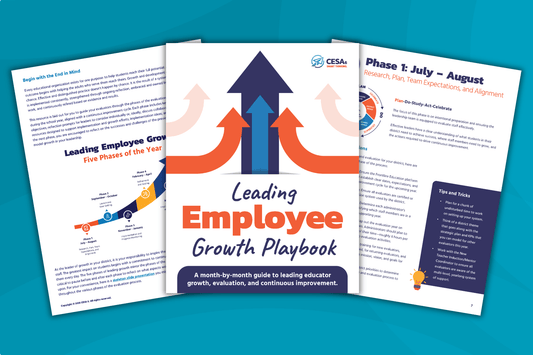 A booklet titled 'Leading Employee Growth Playbook' with three overlapping printed pages shown on a teal background. The cover features large orange and blue arrows rising upward, and the pages contain text and charts related to employee growth and development.