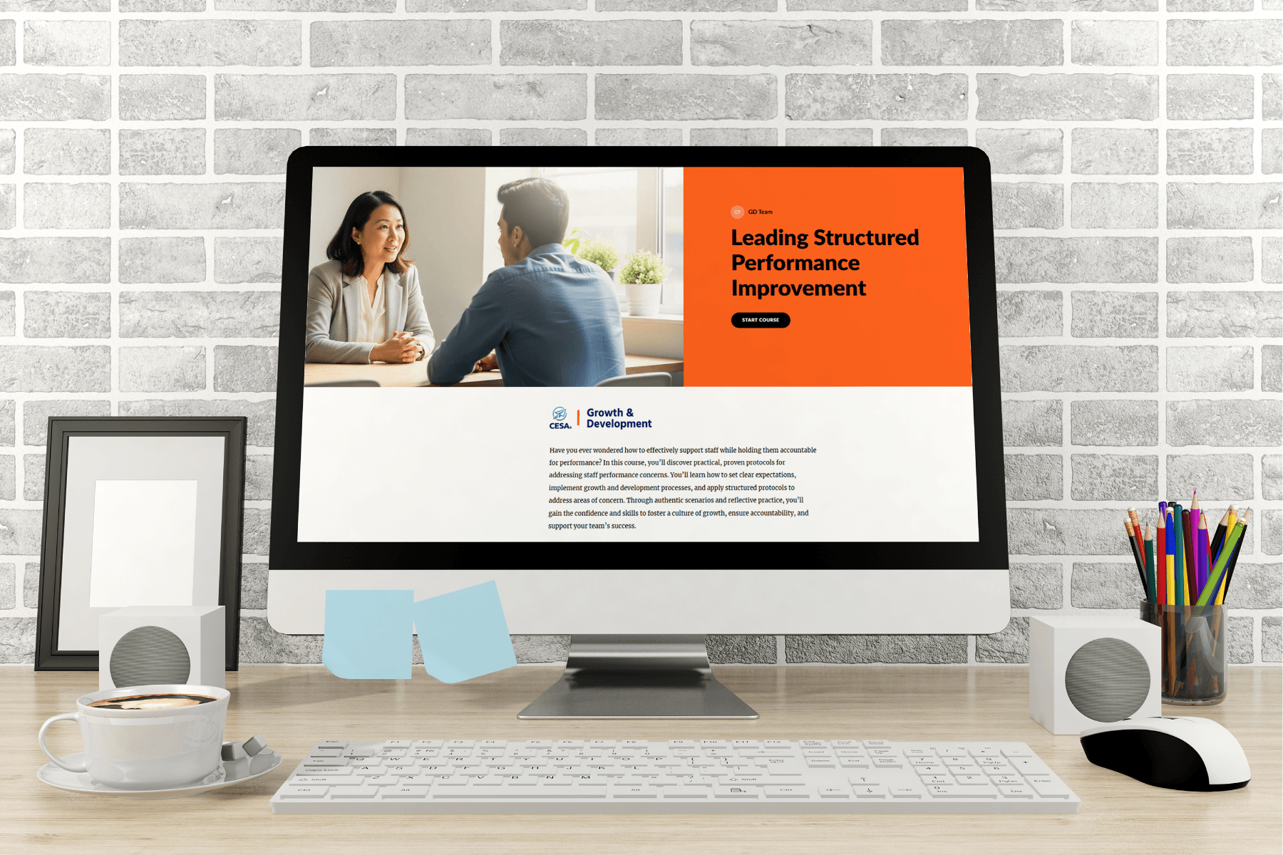 A computer monitor on a desk displays a course about "Leading Structured Performance Improvement." A meeting scene with two people is shown.
