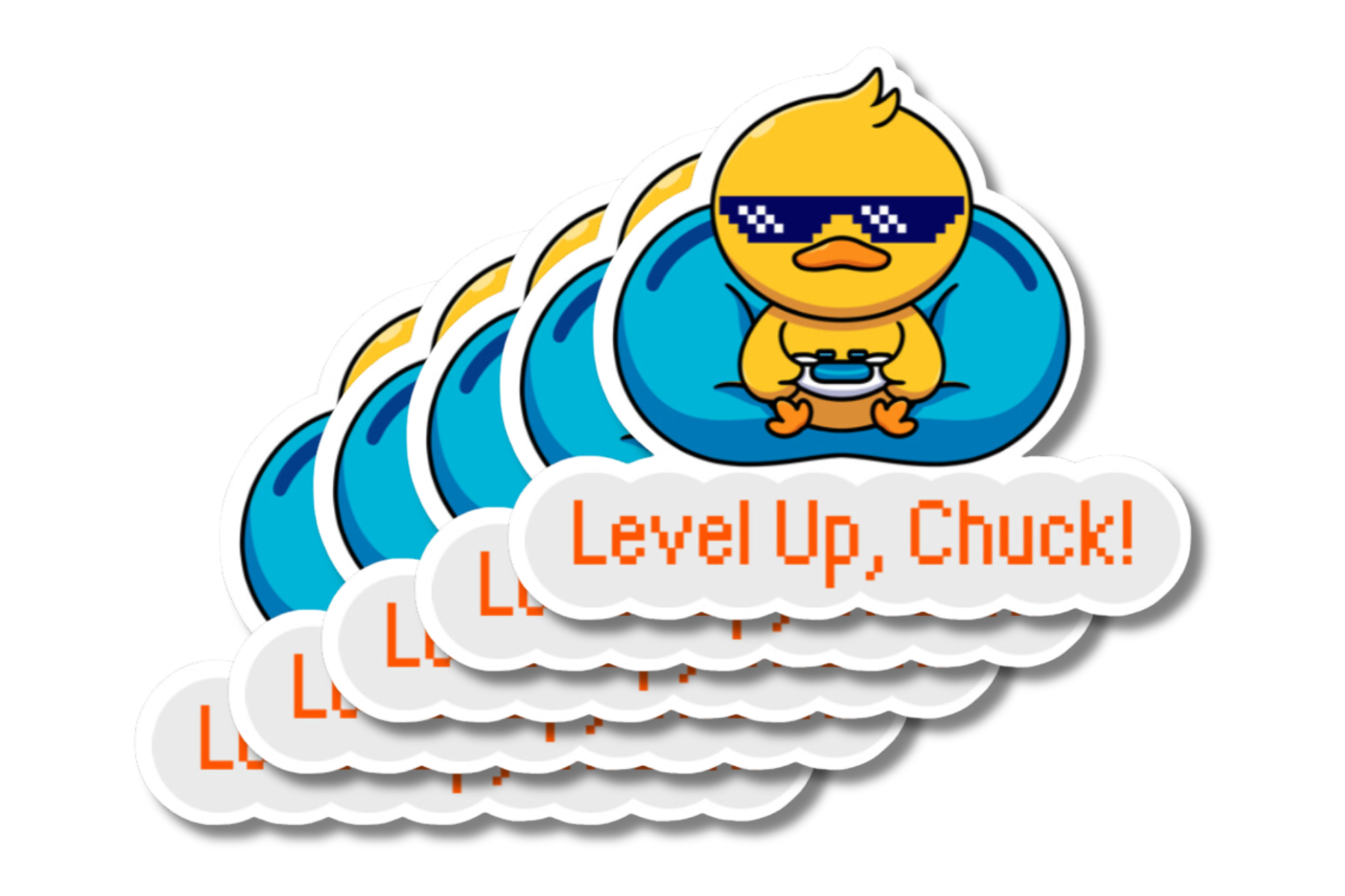 A stack of uniquely shaped stickers featuring a cartoon duck wearing pixelated sunglasses, sitting on a blue beanbag while holding a video game controller. The text below reads 'Level Up, Chuck!' in a pixel-style font, giving it a gaming-inspired theme.