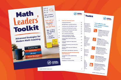 Cover of "Math Leaders' Toolkit" by CESA features strategies for math coaching with a math-themed checklist on a bright, engaging background. Two additional pages list toolkit contents and strategies for effective teaching.