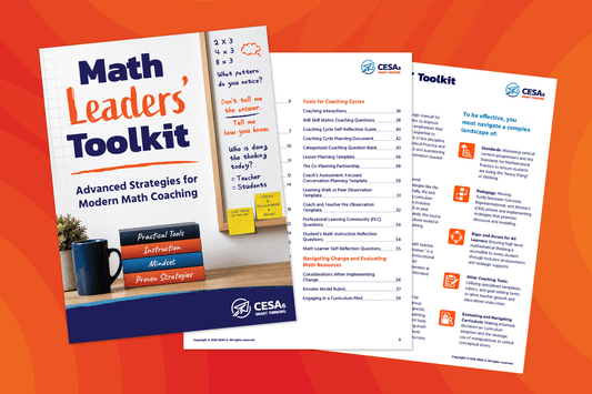 Cover of "Math Leaders' Toolkit" by CESA features strategies for math coaching with a math-themed checklist on a bright, engaging background. Two additional pages list toolkit contents and strategies for effective teaching.