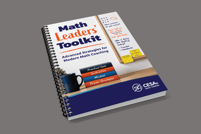 Spiral-bound book titled "Math Leaders' Toolkit: Advanced Strategies for Modern Math Coaching" the cover shows a desk with a pen, mug, and notes. Professional tone.
