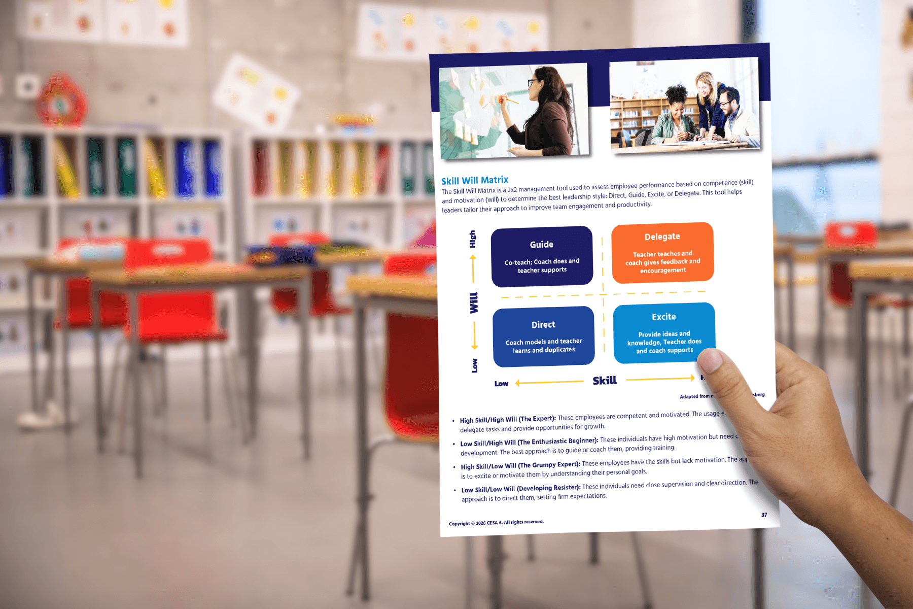 A person holds a page of the the Math Leaders Toolkit titled "Skill Will Matrix" in a classroom with red chairs and desks. The page features a graphic with sections titled Guide, Delegate, Direct, and Excite.