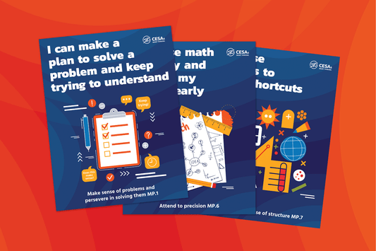 Three colorful CESA 6 posters featuring illustrated math concepts and student-friendly wording of math practice standards. The left poster features MP.1, the center is MP.6, and the right poster features MP.7. 
