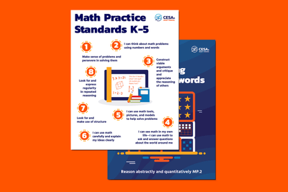 A colorful educational poster titled "Math Practice Standards K–5" from CESA 6, displaying the eight Standards for Mathematical Practice in kid-friendly language. Each numbered standard is arranged in a circular layout around a central chalkboard graphic with math symbols and books. Behind this poster is the Poster featuring MP.2.