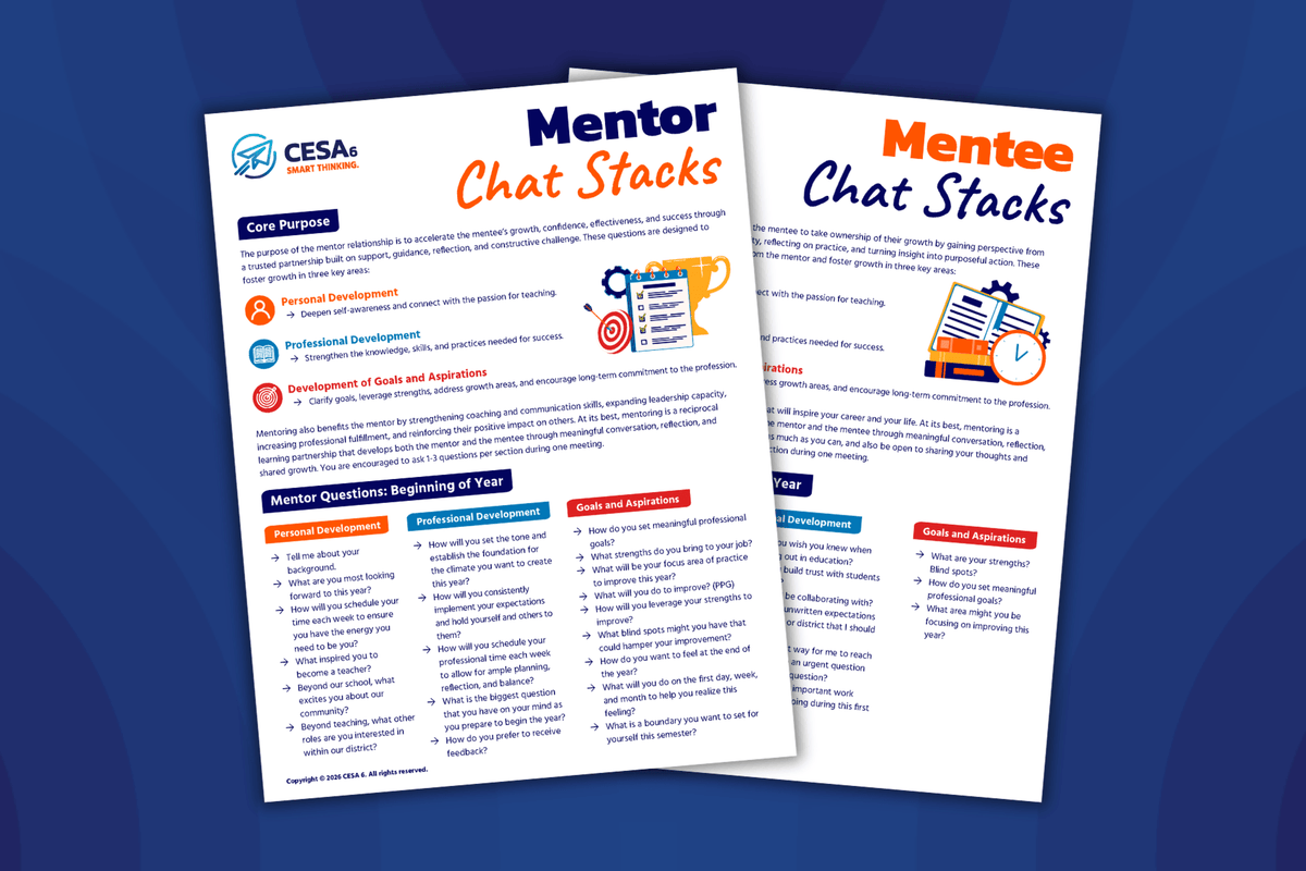 Two educational worksheets titled “Mentor Chat Stacks” and “Mentee Chat Stacks” overlap on a blue background, offering coaching prompts.