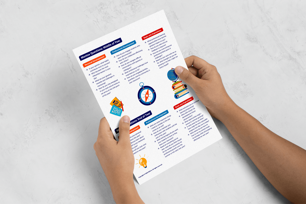 Hands hold an educational worksheet with colorful headings, bullet points, compass, books, and lightbulb icons on a white background.