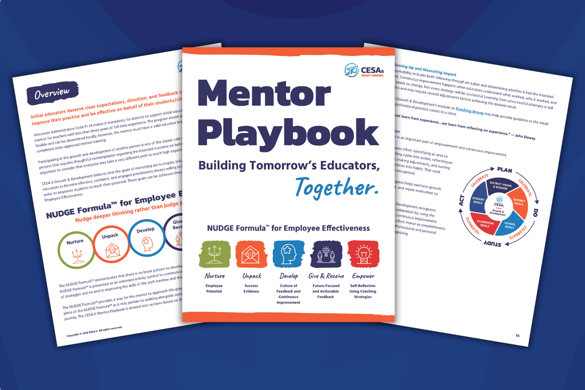A set of printed playbook pages fanned out on a blue background, with the center page titled "Mentor Playbook" and the surrounding pages showing document sections and charts.