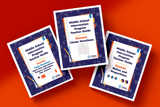 Three teacher guides from the Middle School Intervention Program are displayed against a red background. The covers feature colorful notebook-style designs with math visuals. The guides are labeled with different domains: Early Fractions, Linear Functions, and Ratios and Proportions.