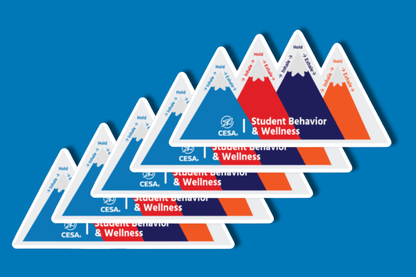 Image showing five overlapping triangular stickers designed to resemble mountain peaks. Each triangle is divided into color segments—blue, red, navy, and orange—and labeled with breathing instructions: “Inhale,” “Hold,” and “Exhale,” placed along the slopes of the mountains to guide mindful breathing. The stickers include the CESA 6 logo and the words “Student Behavior & Wellness.” 