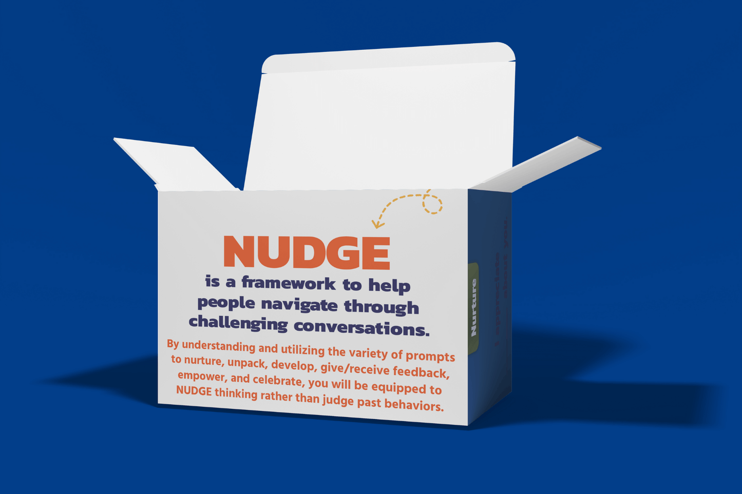 Open white box on a blue background with "NUDGE" in bold orange text, discussing a conversational framework. Promotes positive dialogue.