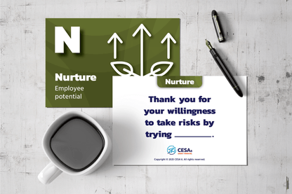 A green card titled 'Nurture Employee Potential' shows leaf and arrow graphics. Nearby is a note thanking risk-taking, with a blank space, alongside a pen and a coffee cup on a wooden table.