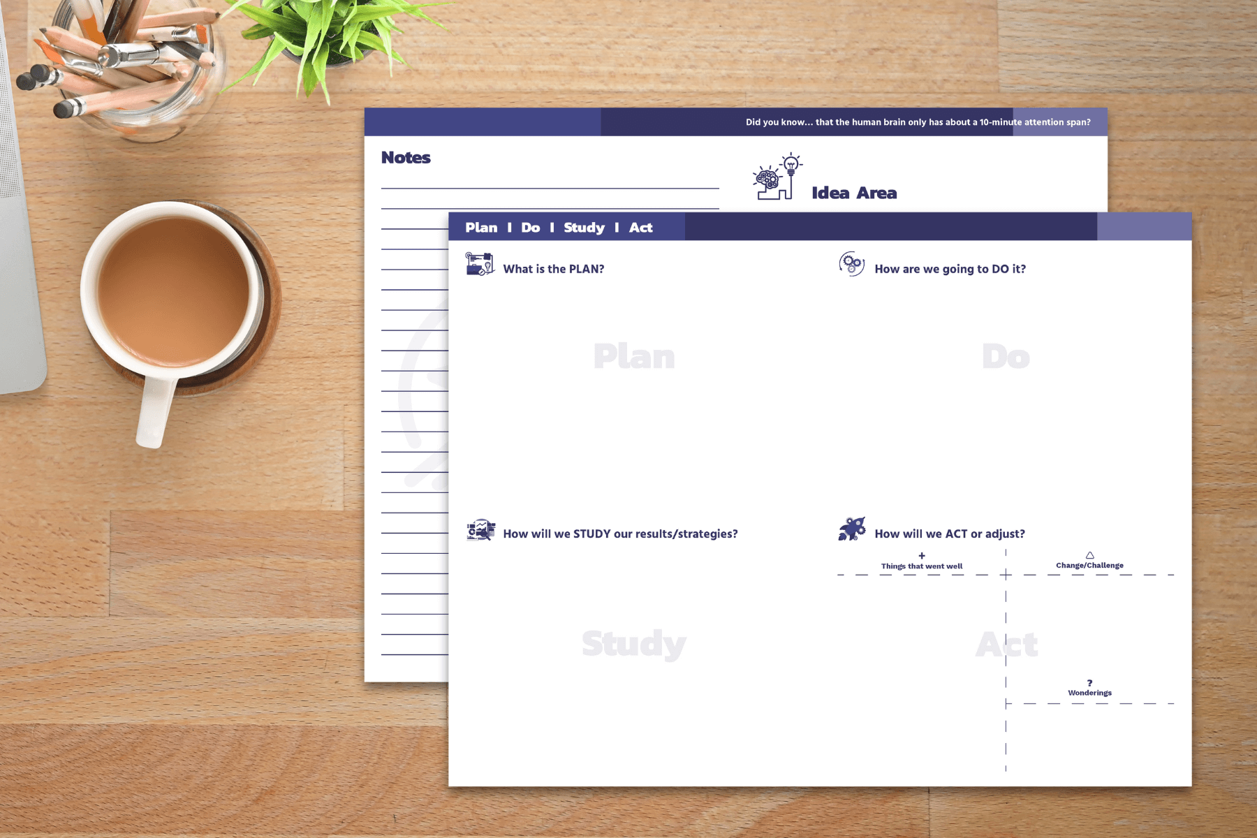 Two navy blue Smart Thinking notepad pages sit on a wooden desk with a cup of coffee and office supplies, showing sections for notes, idea area, and a Plan-Do-Study-Act grid.