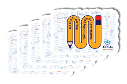 A set of five identical stickers displayed in a staggered arrangement. Each sticker features a playful design of a twisted pencil on a background of blue-lined notebook paper with doodles and math equations. The pencil forms a looped shape and contains the message:
"No one is perfect. That is why pencils have erasers."
In the bottom right corner, the CESA 6 logo appears with the tagline SMART THINKING. in orange.