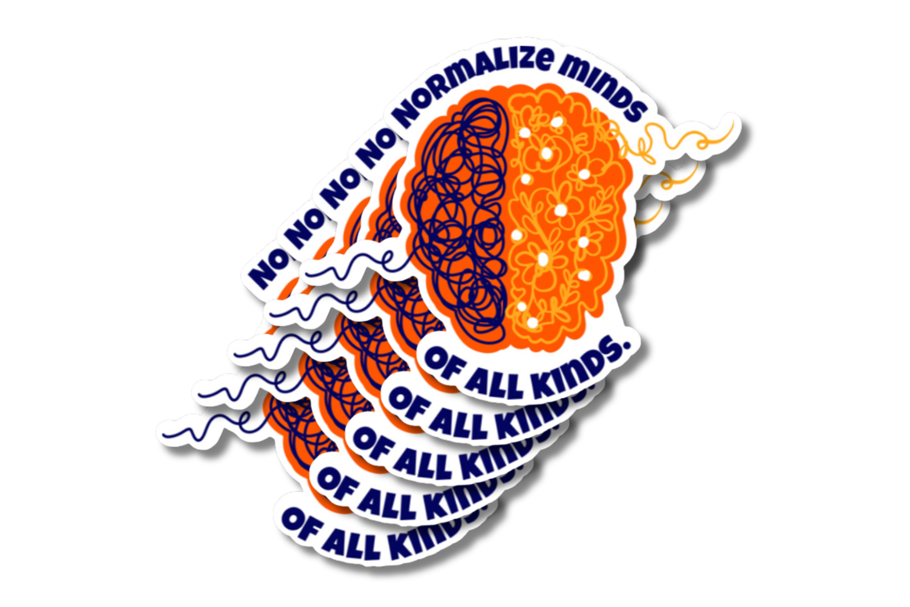 A stack of uniquely shaped stickers featuring an artistic illustration of a brain divided into two halves—one with a tangled scribble design and the other decorated with flowers. The text reads 'Normalize Minds of All Kinds' in bold dark blue letters, curving around the top and bottom of the design.