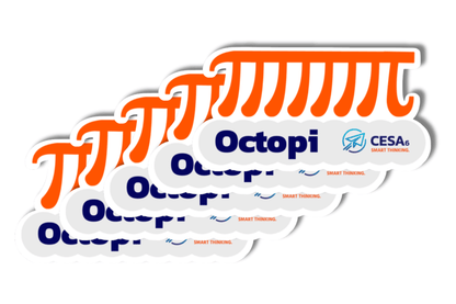 A set of five playful stickers stacked in a staggered layout, each featuring a creative math pun. The design shows eight orange pi symbols stylized to resemble tentacles above the bold word “Octopi.” The CESA 6 logo and SMART THINKING. tagline appear on the right side. The design is clean and bright with a humorous, classroom-friendly tone.