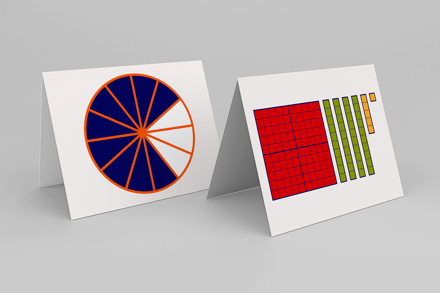 Two tent-style cards are displayed. The left card features a circle divided into 12 equal parts, with 11 sections filled in dark blue and 1 section left white, visually representing the fraction 11/12. The right card shows base-ten blocks: a large red hundred block, six green ten rods, and four yellow unit cubes, representing place value concepts.