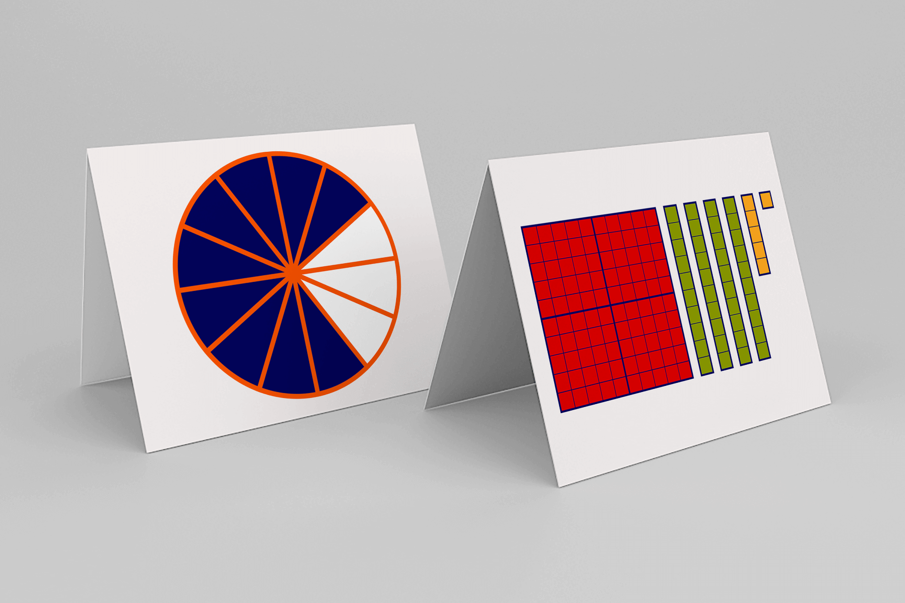 Two tent-style cards are displayed. The left card features a circle divided into 12 equal parts, with 11 sections filled in dark blue and 1 section left white, visually representing the fraction 11/12. The right card shows base-ten blocks: a large red hundred block, six green ten rods, and four yellow unit cubes, representing place value concepts.