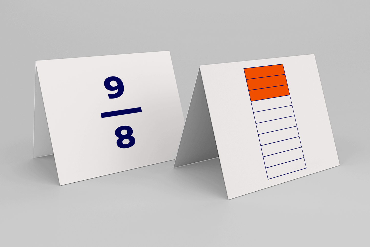 Two tent-style cards are shown. The left card displays the fraction 9/8 in large dark blue numbers, representing an improper fraction. The right card features a vertical rectangle divided into 10 equal parts, with the top 9 sections filled in orange and the bottom section left unshaded, visually representing the same fraction using a bar model.