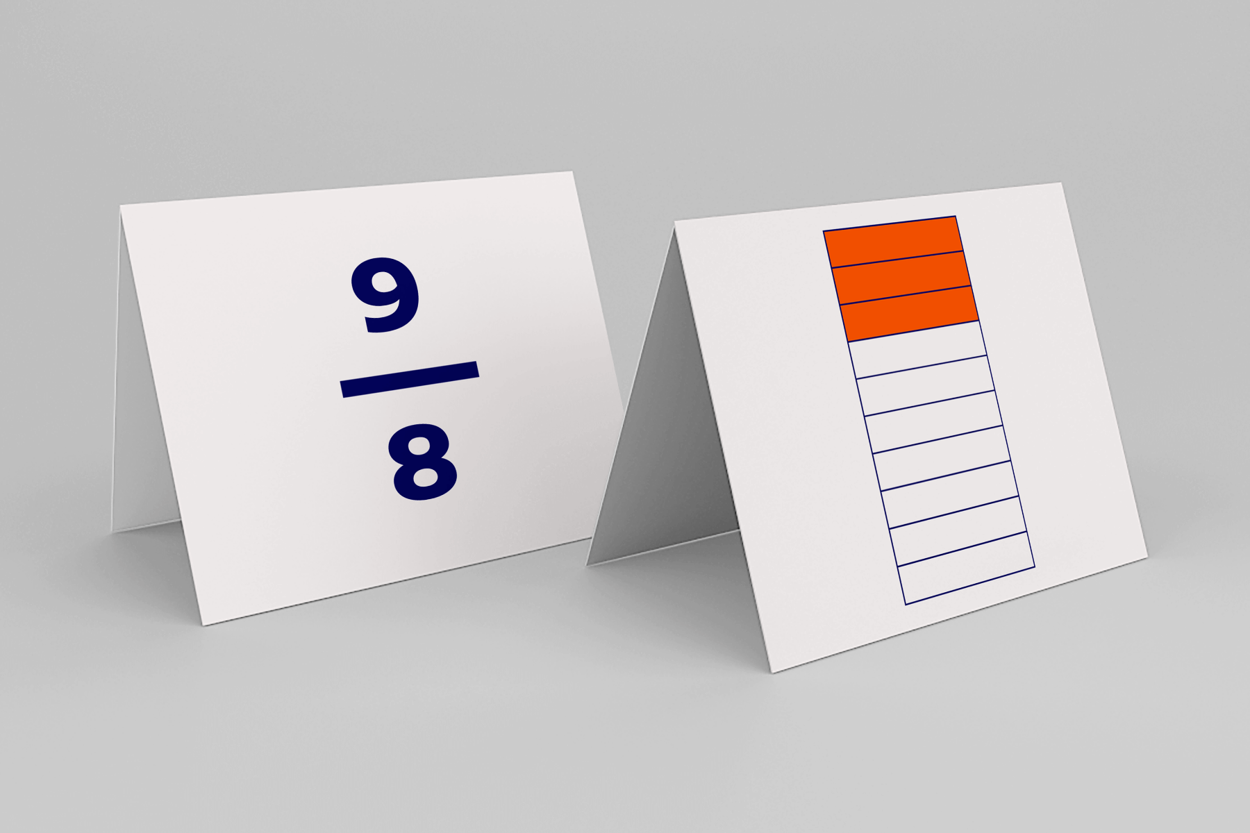 Two tent-style cards are shown. The left card displays the fraction 9/8 in large dark blue numbers, representing an improper fraction. The right card features a vertical rectangle divided into 10 equal parts, with the top 9 sections filled in orange and the bottom section left unshaded, visually representing the same fraction using a bar model.