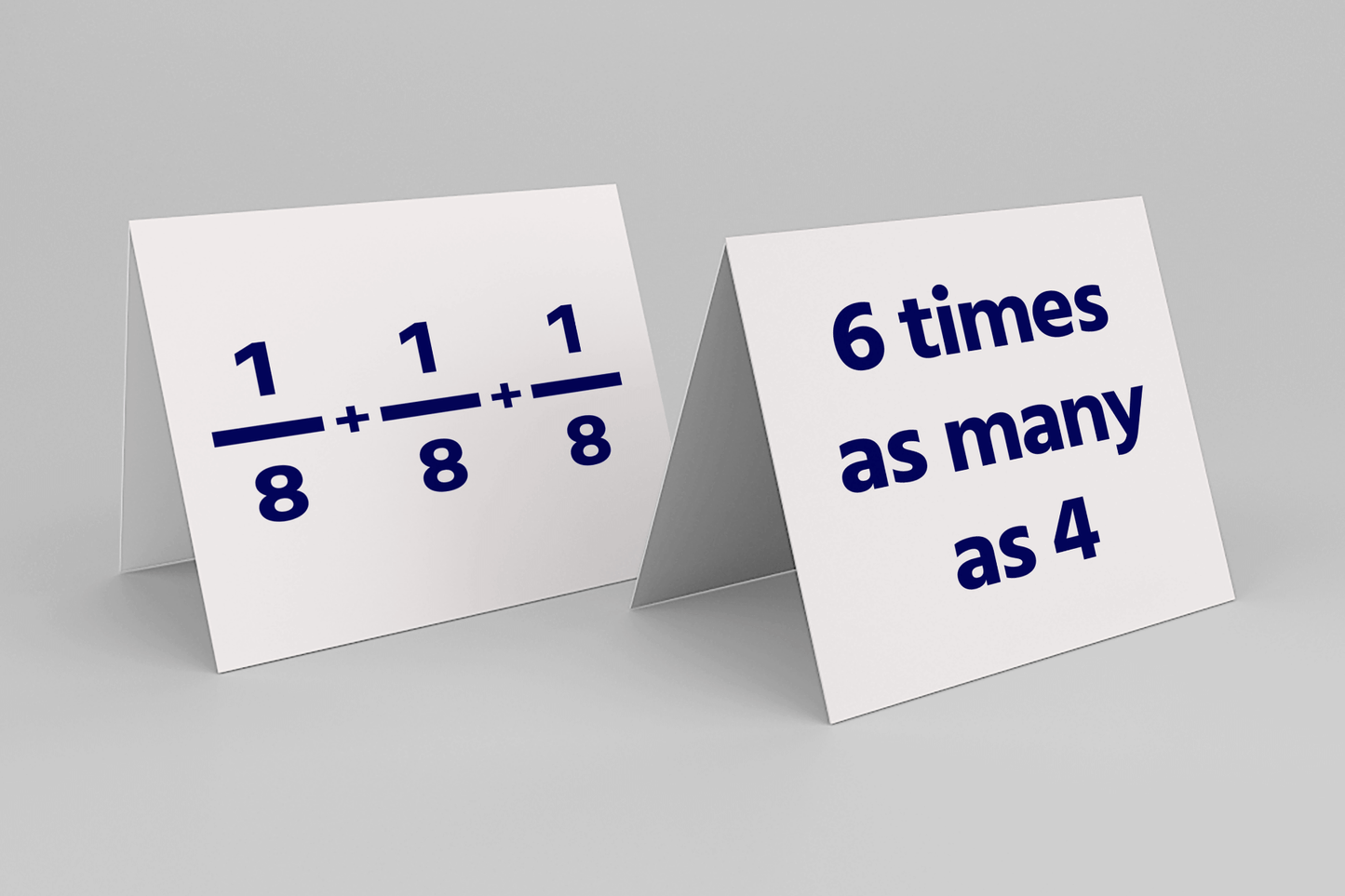 Two white, tent-style math cards are displayed upright on a light gray surface. The front card reads “6 times as many as 4” in large, bold navy blue text. The card behind it shows the expression “1/8 + 1/8 + 1/8” in navy blue, with each fraction written in vertical fraction format. 