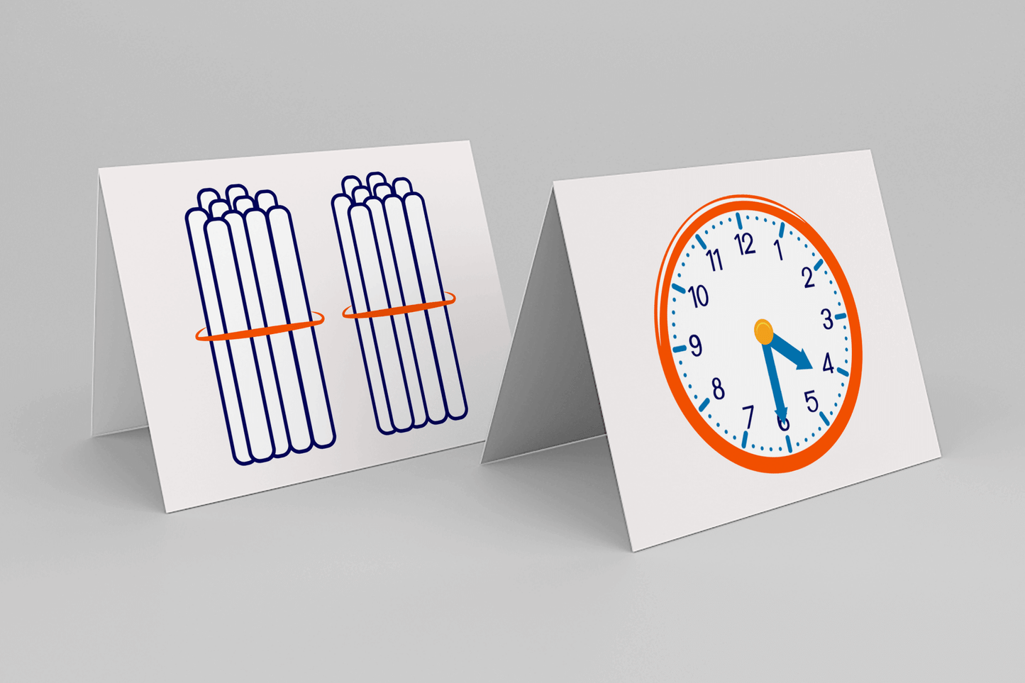 Two tent-style cards are displayed. The left card shows two bundles of ten sticks each, wrapped with orange bands—representing a visual model for place value or counting by tens. The right card shows a clock face with the hour hand pointing to 4 and the minute hand pointing to 6, indicating the time 4:30. 