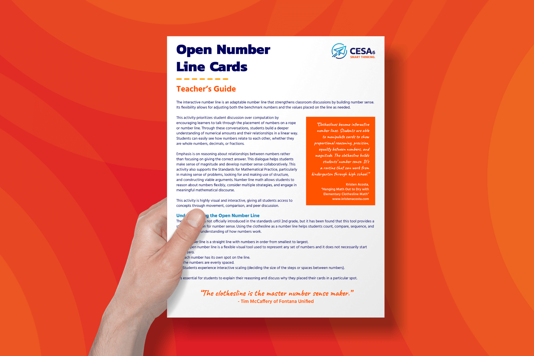 A hand holds a printed Teacher’s Guide titled "Open Number Line Cards" against an orange and red abstract background. The guide includes instructional text on how to use number lines to enhance classroom discussions and build number sense. A highlighted orange box features a quote from Kristen Acosta emphasizing the value of clothesline number lines. The CESA 6 Smart Thinking logo appears in the top right corner of the document.