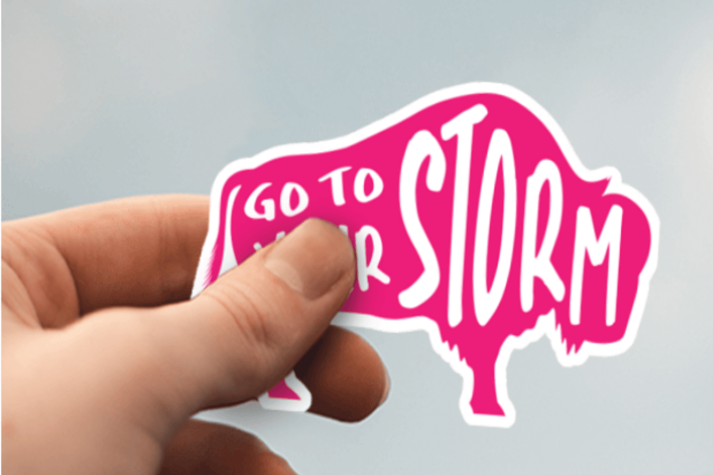 Pink with White Text Colored Buffalo Stickers- a sticker displayed with text displaying "Go to Your Storm"