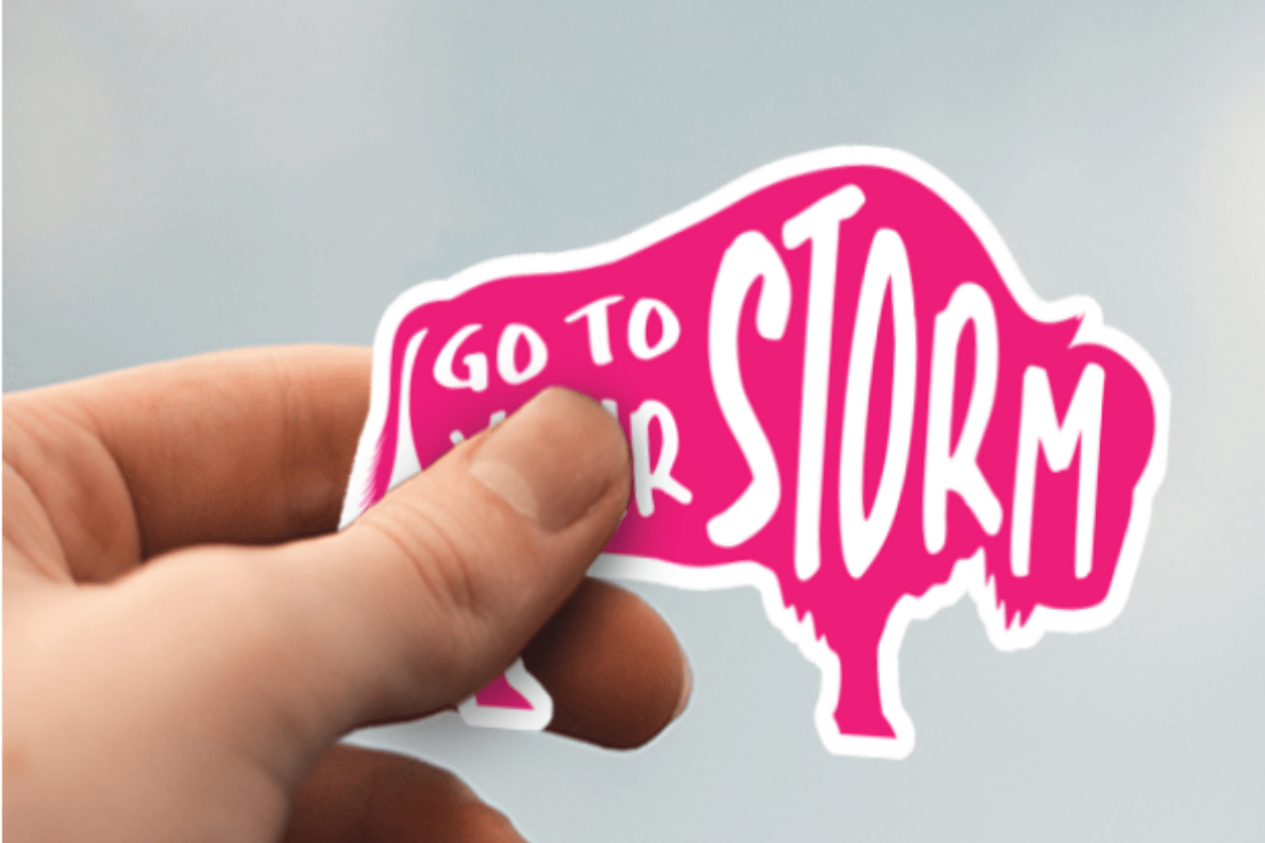 Pink with White Text Colored Buffalo Stickers- a sticker displayed with text displaying "Go to Your Storm"