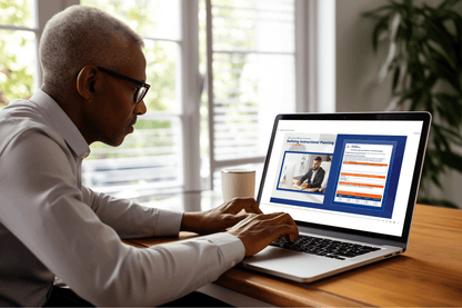 A focused individual works on a laptop displaying an instructional planning document. Sunlight filters through a window, creating a warm, productive ambiance.
