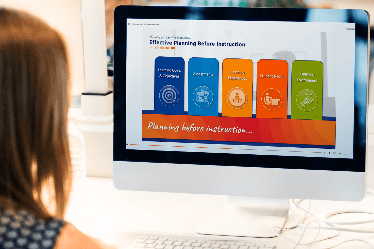 A woman views a computer screen displaying a presentation on "Effective Planning Before Instruction" with colorful icons for different teaching focus areas.