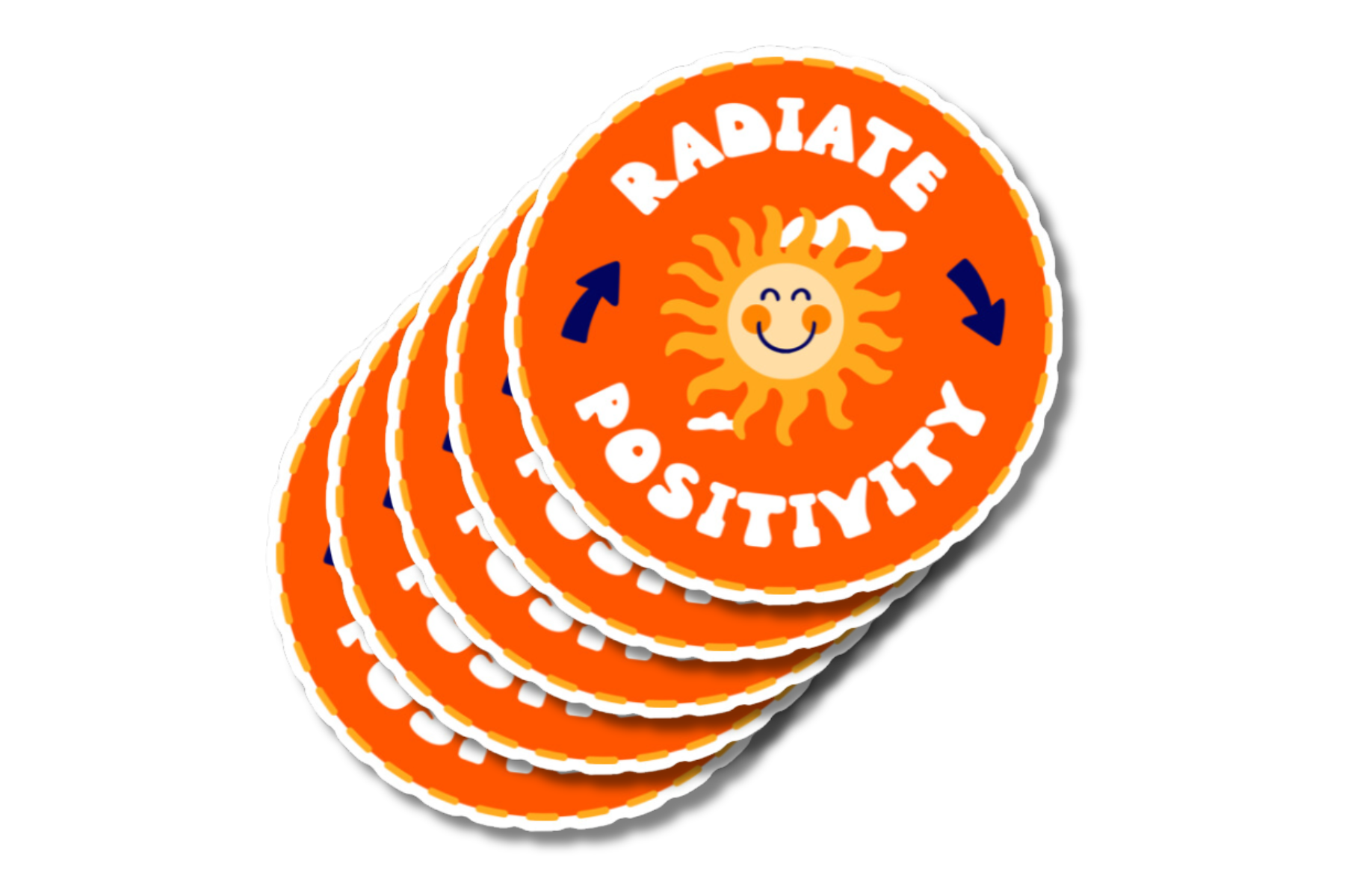 A stack of round, orange stickers featuring a smiling sun illustration in the center. The text 'Radiate Positivity' is written in white, bold letters around the sun, with blue arrows pointing in a circular motion.