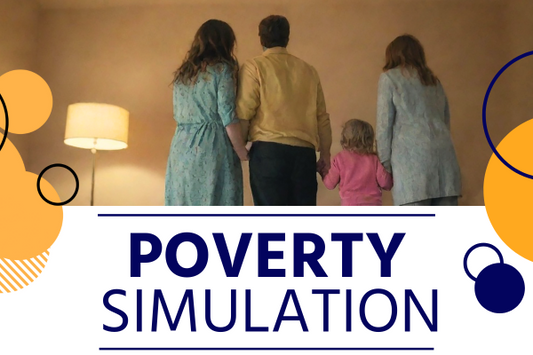 The image shows a family of three holding hands in a dimly lit room, with a lamp in the background. The title "POVERTY SIMULATION" is displayed prominently at the bottom, accompanied by geometric shapes in yellow and blue.