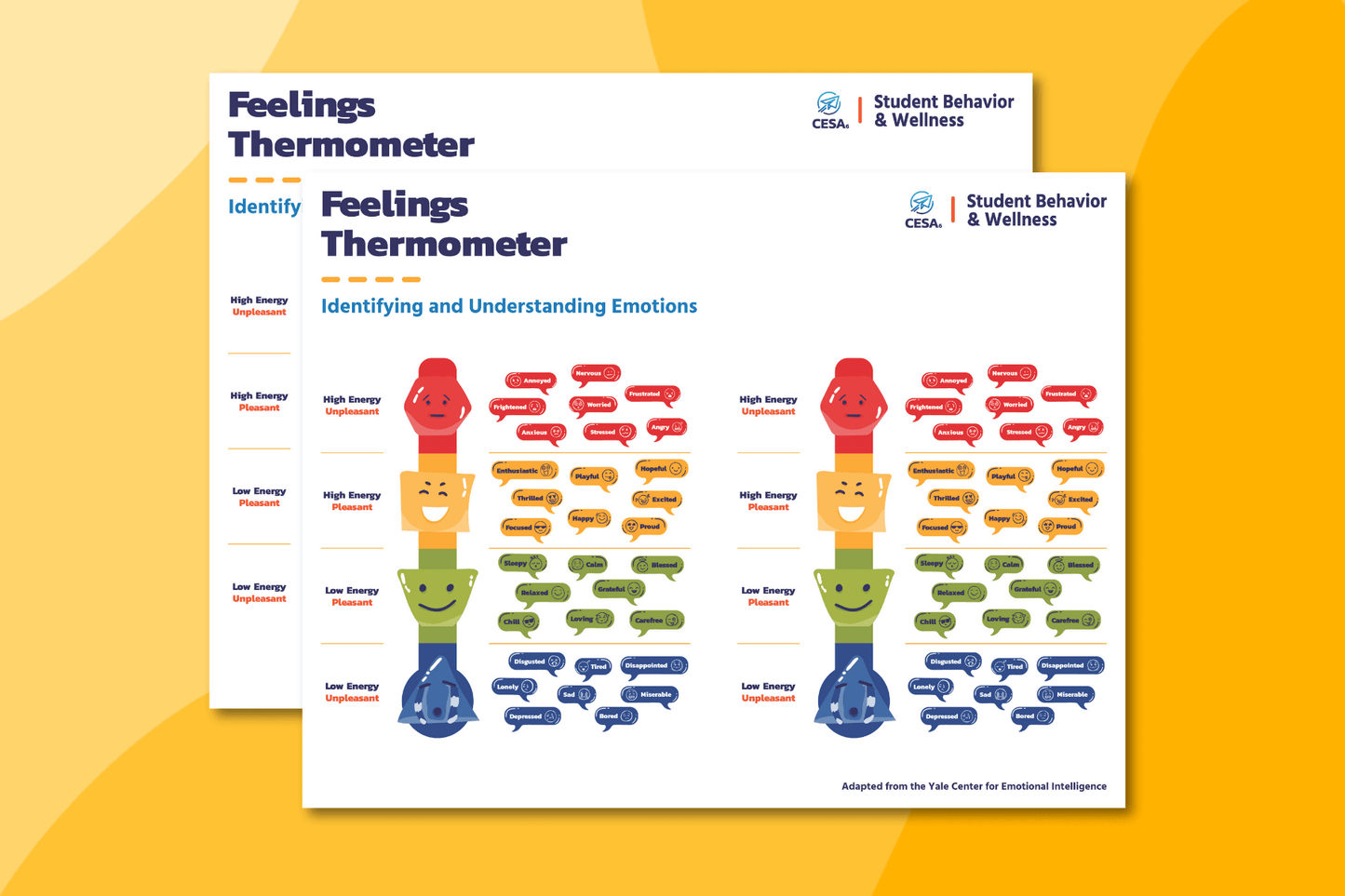 The image shows two sheets of “Feelings Thermometer” charts from CESA 6’s Student Behavior & Wellness division. Each sheet includes two versions of the thermometer-style emotion chart. 