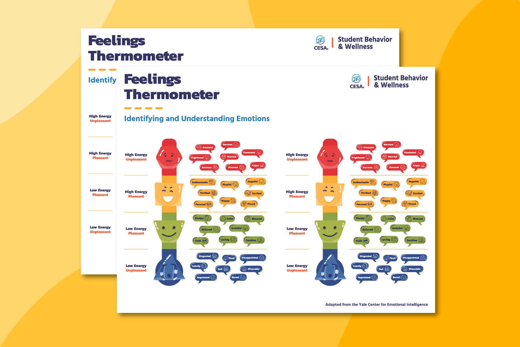 The image shows two sheets of “Feelings Thermometer” charts from CESA 6’s Student Behavior & Wellness division. Each sheet includes two versions of the thermometer-style emotion chart. 