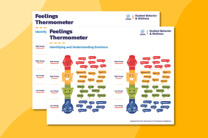 The image shows two sheets of “Feelings Thermometer” charts from CESA 6’s Student Behavior & Wellness division. Each sheet includes two versions of the thermometer-style emotion chart. 
