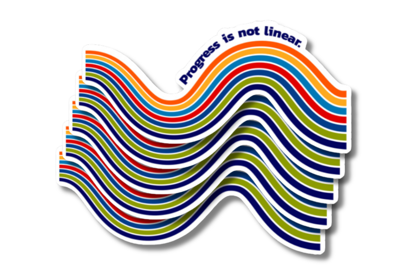 A stack of wavy-shaped stickers with colorful, curved lines in shades of blue, red, green, and orange. The text 'Progress is not linear.' is displayed at the top in bold, dark blue font.