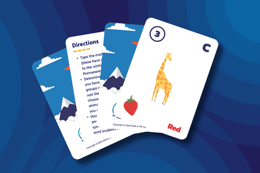 Image of a set of colorful randomized grouping cards. The card featured show designs of a giraffe, a strawberry, the letter C, the number 3 in a circle, and the word red. Part of the Directions card is displayed. The back of the cards are displayed against a blue background with mountains, clouds, and an orange paper airplane illustrations.