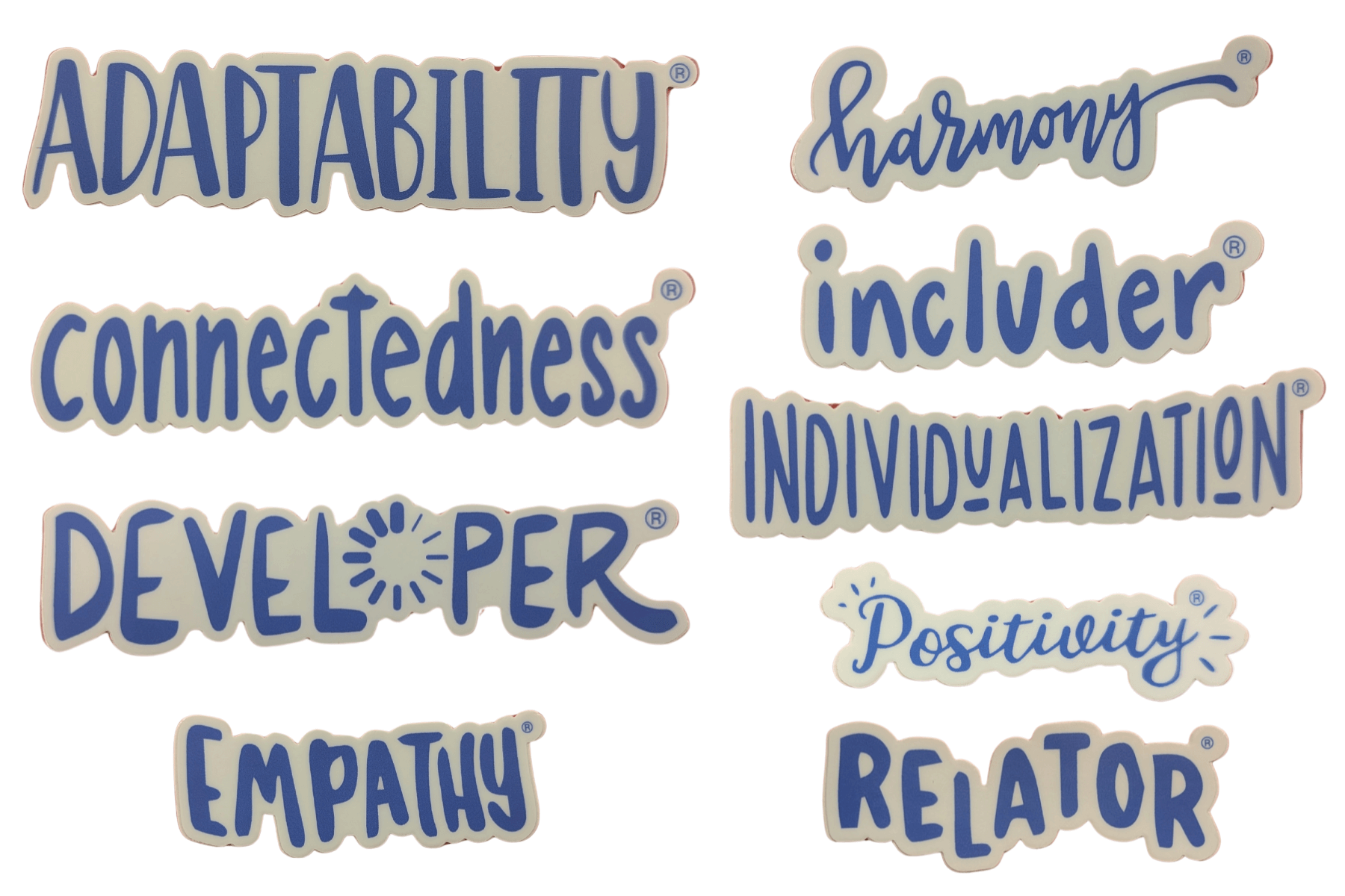 All 9 Relationship Building Clifton Strengths Themed Stickers are presented in blue and include Adaptability®, Connectedness®, Developer®, Empathy®, Harmony®, Includer®, Individualization®, Positivity®, and Relator®.