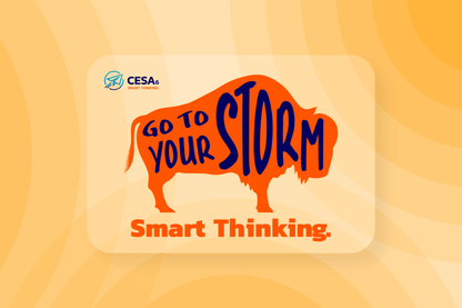 Square transparent static cling featuring an orange buffalo with the words "GO TO YOUR STORM" in dark blue. Below the buffalo is the phrase "Smart Thinking." in orange, with the CESA 6 logo in the upper left corner. The cling is displayed on a light orange background.