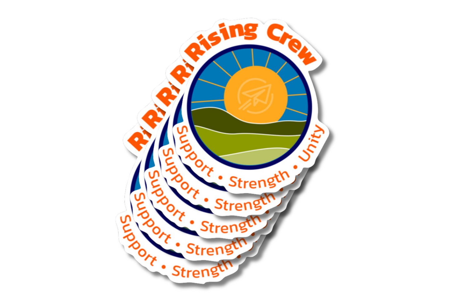 A stack of circular 'Rising Crew' stickers featuring an illustration of a bright sun over rolling green hills with the CESA 6 paper airplane symbol in the center. The text around the edge reads 'Support • Strength • Unity' in bold orange letters.