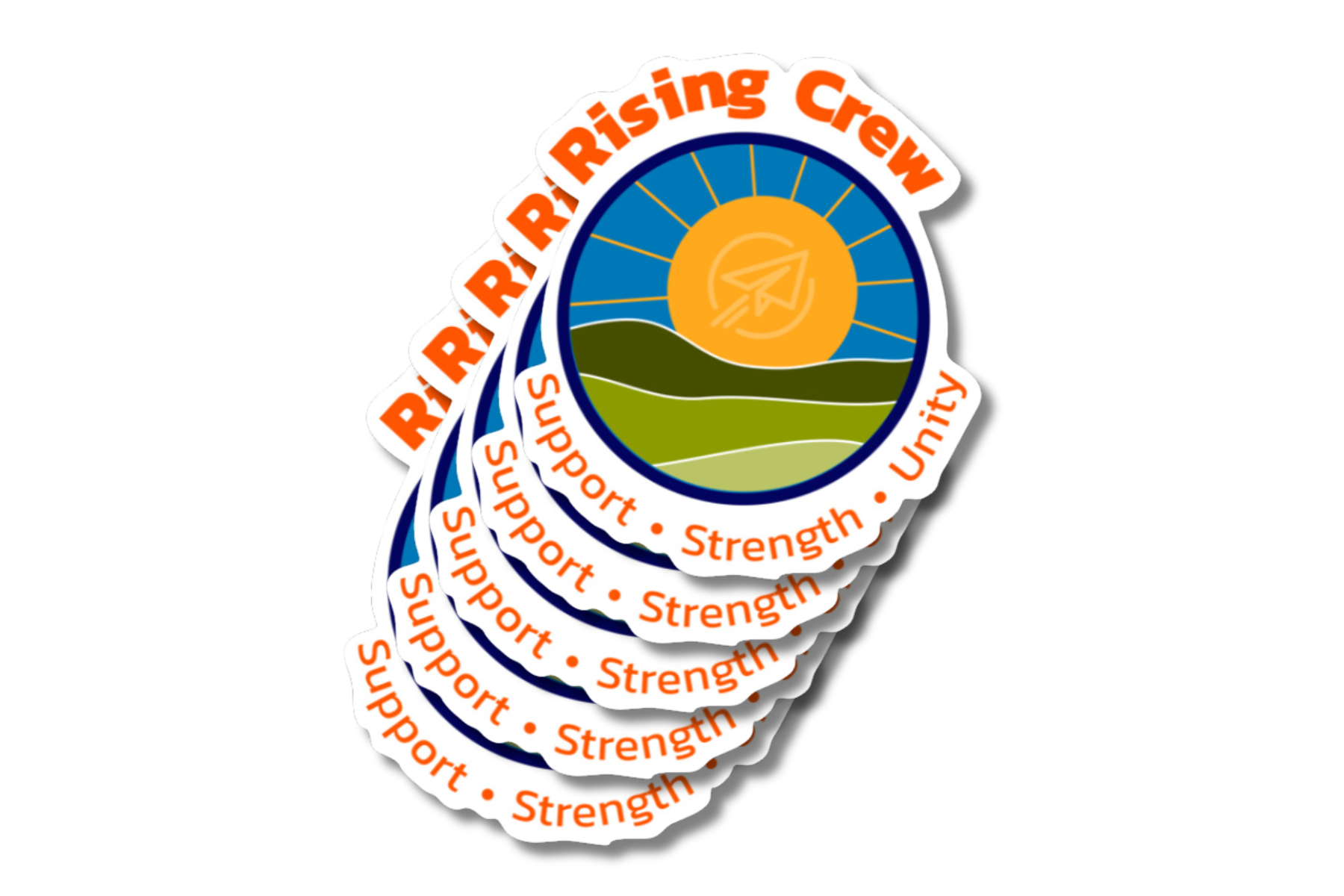 A stack of circular 'Rising Crew' stickers featuring an illustration of a bright sun over rolling green hills with the CESA 6 paper airplane symbol in the center. The text around the edge reads 'Support • Strength • Unity' in bold orange letters.