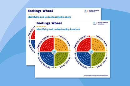 The image displays two copies of the "Feelings Wheel" from the CESA 6 Student Behavior & Wellness division. Each sheet includes two versions of the circular wheel graphic-style emotion chart. 