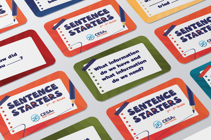 Sentence starter cards for grades 2-5 designed with high-contrast text, clear fonts, and structured prompts to enhance inclusive learning, support diverse communication needs, and promote accessible classroom discussions. Featuring several of the prompting cards. 