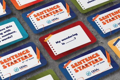 High-contrast sentence starter cards for grades 6-12, designed with clear fonts and structured prompts to support diverse communication needs, cognitive accessibility, and inclusive classroom engagement.