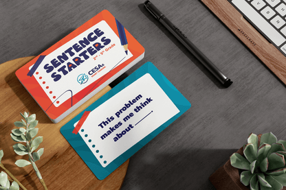 Sentence starter cards for grades 2-5, featuring high-contrast text, clear fonts, and structured prompts to support diverse learning and communication needs in an inclusive classroom setting.