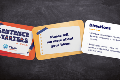 entence starter cards for grades 2-5 featuring high-contrast text, clear fonts, and structured prompts to support language development, inclusive communication, and accessible classroom engagement. Featuring the title card, and prompting card, and the directions card.  