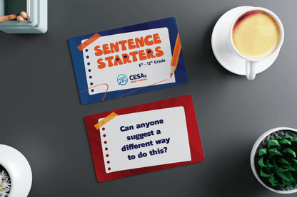 Sentence starter cards designed for inclusive learning, featuring high-contrast text, clear fonts, and structured prompts to support diverse communication needs for students in grades 6-12.