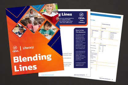 The "Blending Lines" resource guide from CESA6 Literacy, with the cover visible alongside printed pages that include instructions and lesson templates for phonics activities.